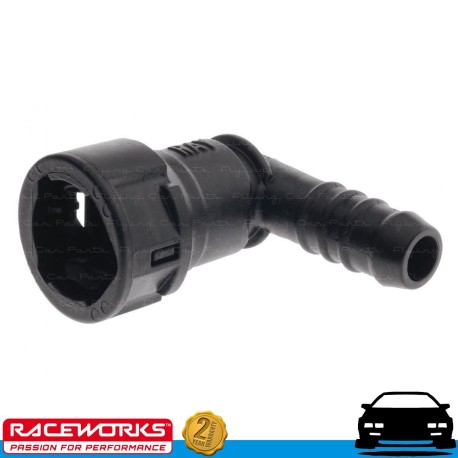 RACEWORKS GM Female EFI 90deg Adaptor 5/16" Tube to 5/16" Barb Plastic Fuel E85 