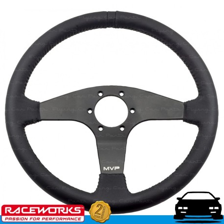 RACEWORKS MVP Black 350mm Leather Steering Wheel Flat w/ Black Stitching