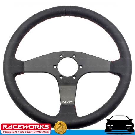 RACEWORKS MVP Black 350mm Leather Steering Wheel Flat w/ Red Stitching