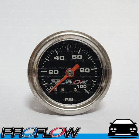 PROFLOW Oil Fuel Pressure Gauge 0-100PSI 40mm Liquid Filled Black And Chrome